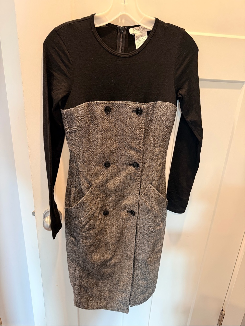 Max Mara Wool Dress US 2 Gray Black Sheath Italy Designer Career Workwear